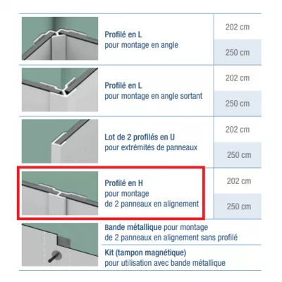 Profil� en H Argent brillant pour panneaux Kinewall 250cm en alignement - KINEDO R�f. KINWALL250HAB