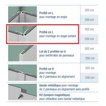 Profil&eacute; en L Argent brillant pour montage Kinewall 250cm en angle sortant - KINEDO R&eacute;f. KINWALL250LSAB