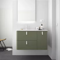 PROMO -30% : Ensemble UNIIQ 90cm 2 tiroirs / 1 porte Laque vert Bosque + Plan-vasque Solidsurface