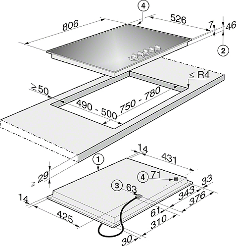 Table de cuisson gaz 90cm 5 brûleurs Inox - MIELE Réf. KM23561