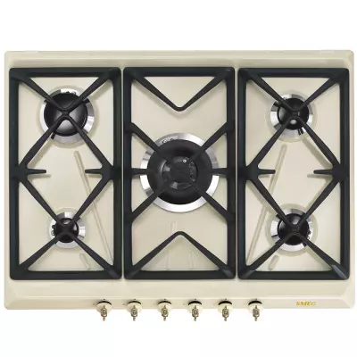 Table gaz Coloniale 70cm 5 br�leurs Cr�me / laiton -SMEG R�f. SRV876POGH