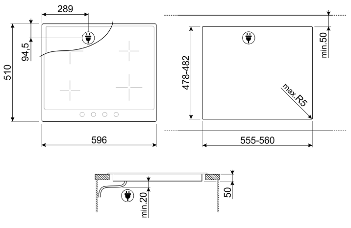 Table Induction 4 Foyers 60 cm Noir - Howdens