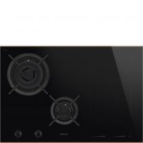 Table Mixte Gaz/induction\  75 cm Verre céramique noir/ finition cuivre - SMEG Réf. PM6743R