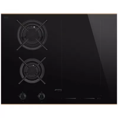 Table mixte gaz/induction 65cm 4 foyers verre noir / cuivre - SMEG R�f. PM6643R