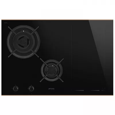 Table mixte gaz/induction 75cm 4 foyers verre noir / cuivre - SMEG R�f. PM6743R
